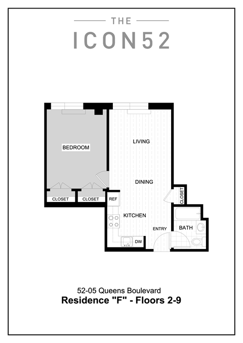 Floor plan for 1 bed, 1 bath, 602 sqft